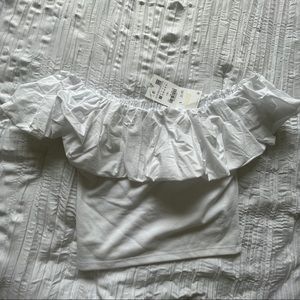 White Off the Shoulder Ruffled Crop Top